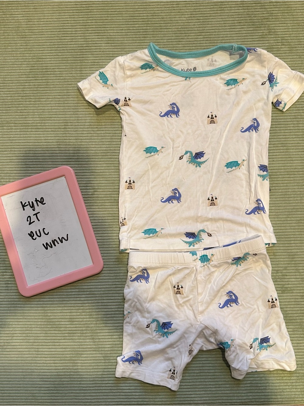 Kyte BABY White Kids Pajama Set with Teal & Blue Dragons